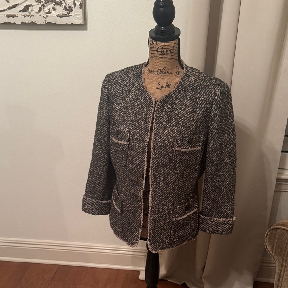 Women's Dark Olive Green & Tan Tweed Jacket Talbots 12